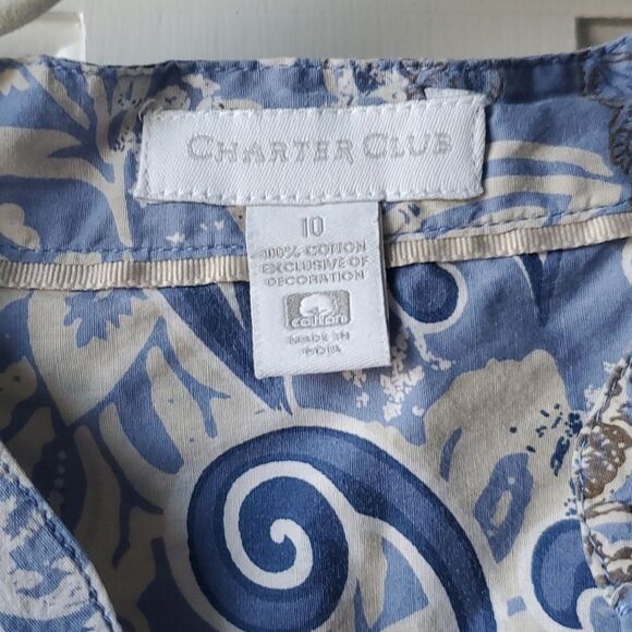 CHARTER CLUB EMBROIDERED COTTON FLORAL TUNIC SIZE 10 BOHO BLUE BEIGE SLEEVELESS - Picture 6 of 8